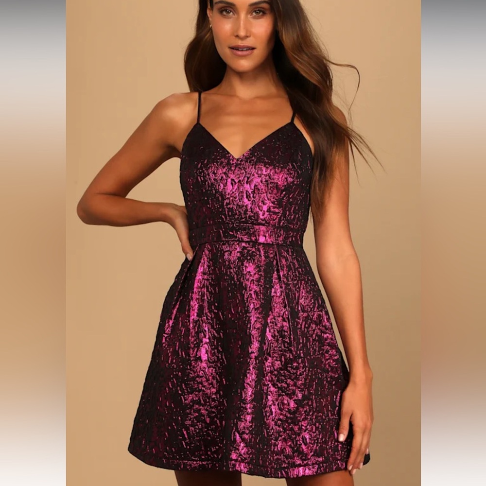 Lulus Metallic Magenta Spin the Night Jacquard Sleeveless MiniSkater Dress NWT S